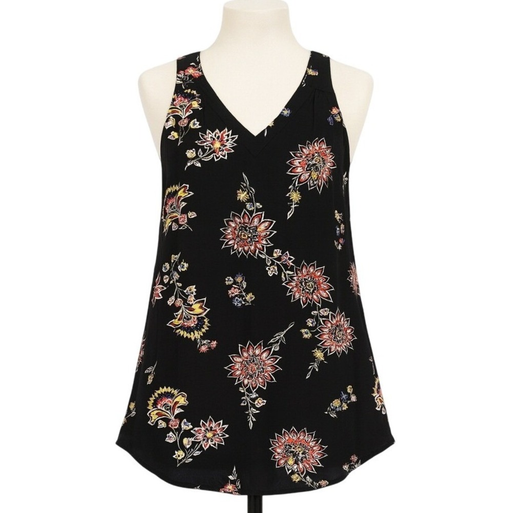 Old Navy Sleeveless V Neck Woven Floral Black Jack Print‎ Tank Top M Womens